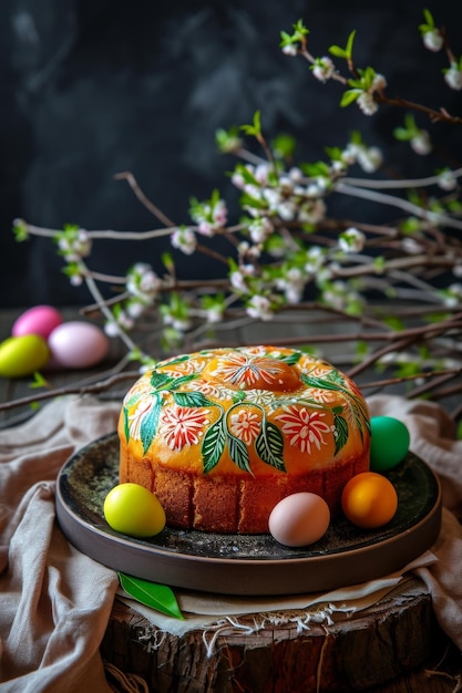 Kulich di Pasqua decorato con uova di Pasqua