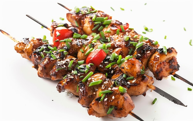 Kung Pao Chicken Skewers per il piacere culinario su sfondo bianco