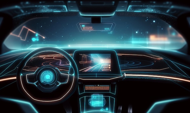 L'abitacolo dell'auto autonoma futuristica con un'auto diagnostica in stile HUD per il servizio auto