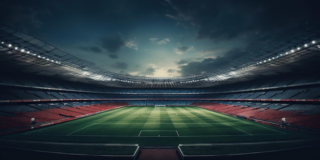 L'accattivante vista di uno stadio di calcio vuoto dove gli echi degli applausi del passato si intrecciano con l'anticipazione delle partite future AI Generative AI