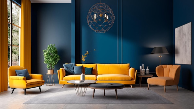 L'accento del salotto di un enorme salotto dalle tonalità blu e gialle Una parete blu scuro che è vuota e un divano giallo brillante con sfumature senape un modello di un interno contemporaneo IA generativa