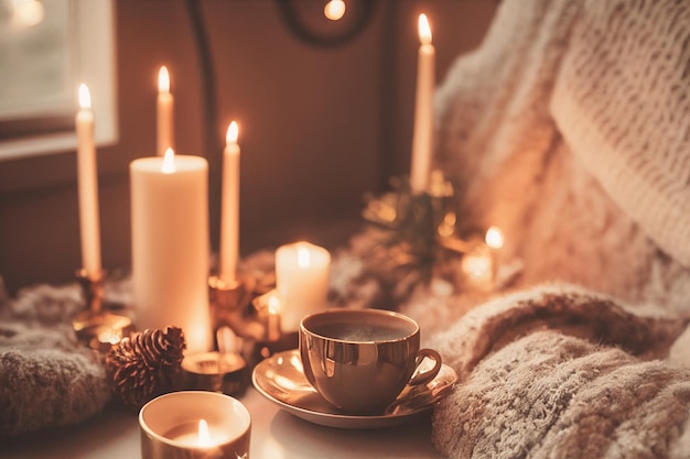 L'accogliente mattina d'inverno o d'autunno a casa Swedish hygge include caffè caldo con un cucchiaio metallico dorato