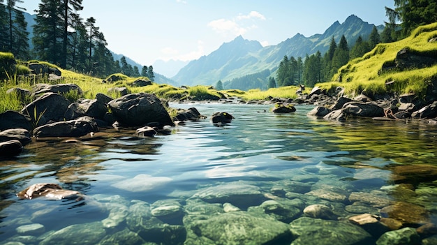 L'acqua che scorre in montagne maestose è un movimento sfocato di bellezza