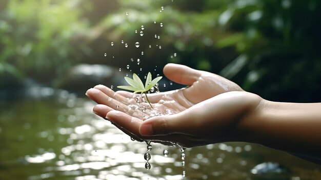 L'acqua che scorre sulla mano della donna sulla natura sfondo generativo AI