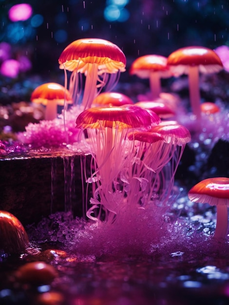 L'acqua che scorre veloce cade sotto l'acqua vista isometrica dei funghi al neon delle meduse fluorescenti