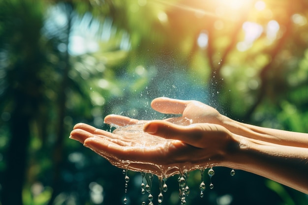 L'acqua che si versa sulla mano con la natura sfocata