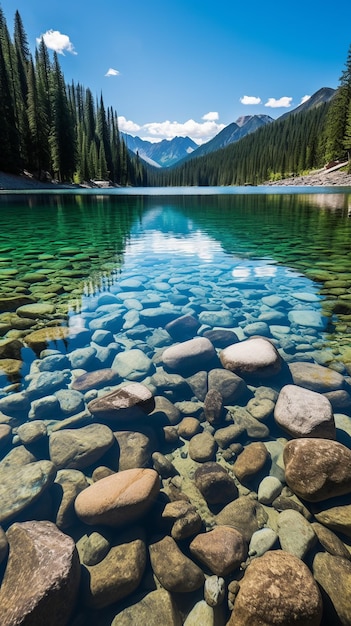 L'acqua cristallina di un lago di montagna con un fondo roccioso e un bellissimo paesaggio montuoso sullo sfondo