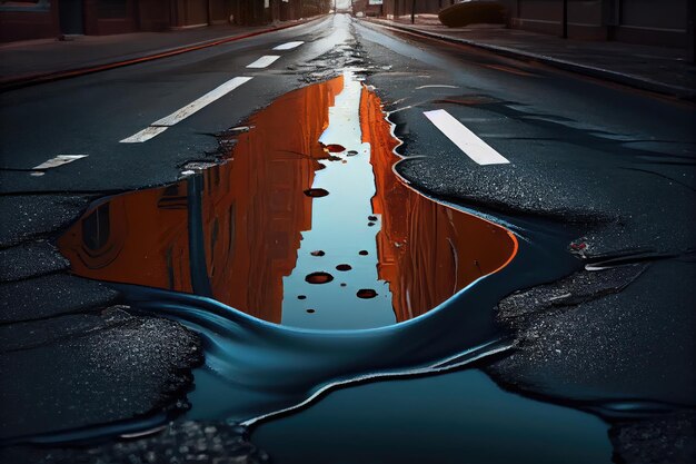 L'acqua di fogna scorre lungo la strada formando una pozzanghera sull'asfalto