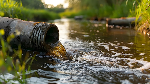 L'acqua di un tubo scorre nel fiume migliorando il paesaggio naturale