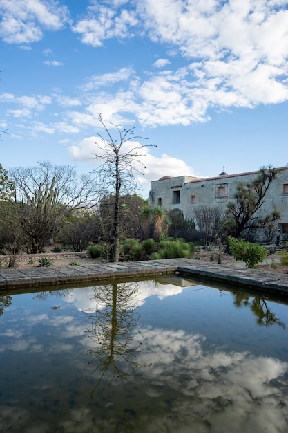 L'acqua nello stagno dei pesci riflette la vista della parete di vetro della casa moderna e crea un'atmosfera rilassante