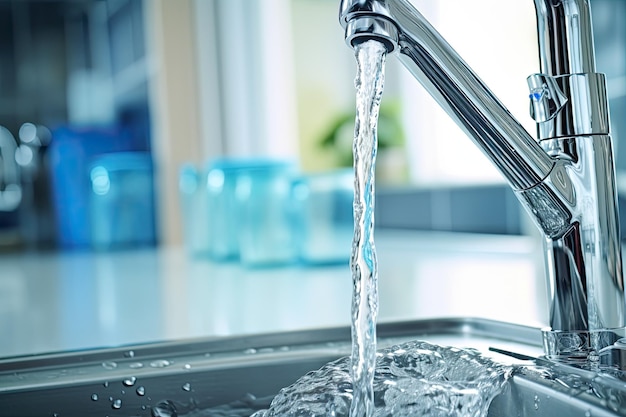 L'acqua scorre da un rubinetto in acciaio inossidabile in cucina nel lavello con conseguente spreco di o