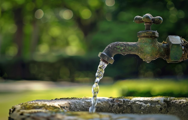 L'acqua scorre da un vecchio rubinetto arrugginito.