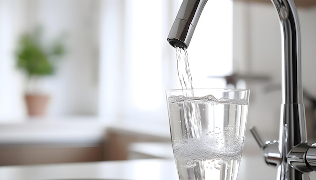 l'acqua si riversa da un rubinetto in un bicchiere su un kit bianco sfocato