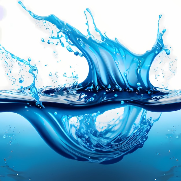 L'acqua spruzza onde liquide blu con turbinii e gocce