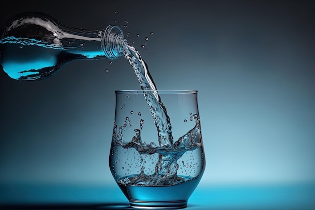 L'acqua viene versata in un bicchiere da una bottiglia su sfondo blu