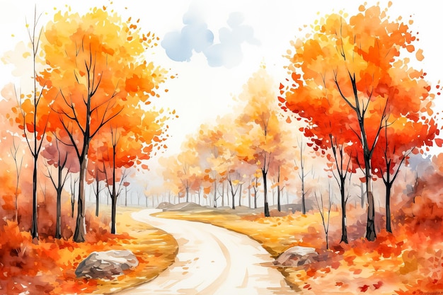 L'acquerello autunnale illustra un paesaggio colorato con alberi arancioni, rossi e gialli