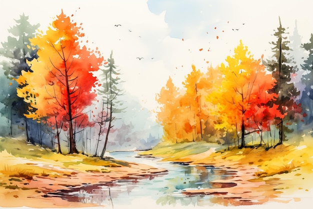 L'acquerello d'autunno illustra un paesaggio colorato con alberi rosso arancione e giallo