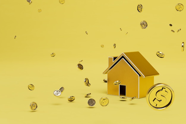 L'acquisto e la vendita ospita la casa del cerchio di cui le monete del dollaro volano su un rendering 3D di sfondo giallo