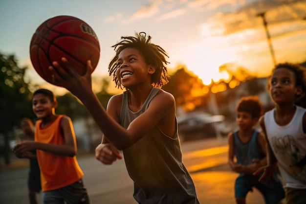 L'adolescente allegro gioca a basket all'aperto durante il tramonto