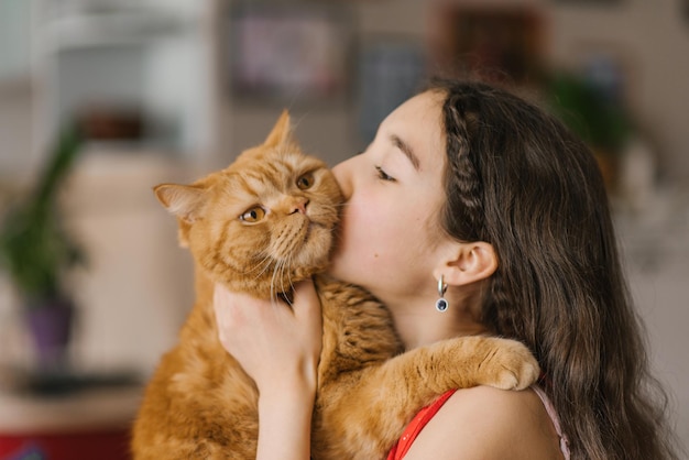 L'adolescente bacia il suo gatto britannico rosso dell'animale domestico