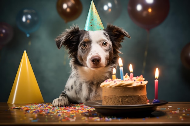 L'adorabile cane celebra con torta e cappello