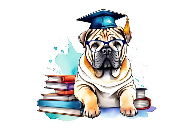 L'adorabile cane shar pei indossa un berretto graduato e posa con libri illustrazione ad acquerello
