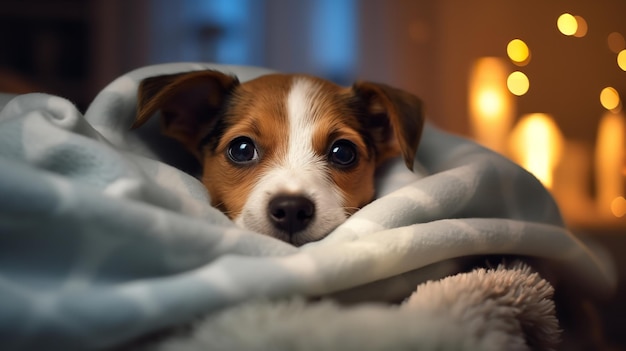 L'adorabile cane trema nella sua camera da letto e si abbraccia sotto la copertura Generative AI