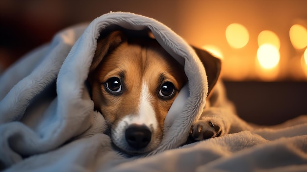 L'adorabile cane trema nella sua camera da letto e si abbraccia sotto la copertura Generative AI