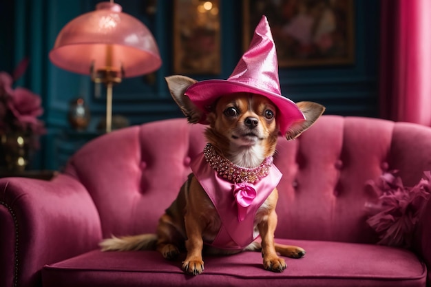 L'adorabile Chihuahua magico in miniatura vestito da strega per la stagione spettrale