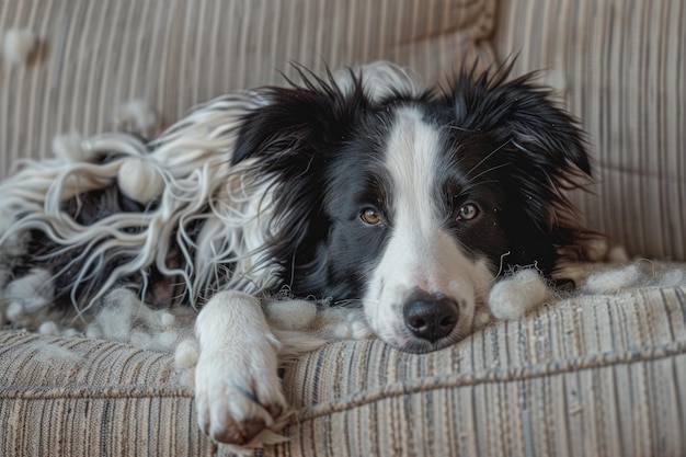 L'adorabile cucciolo di border collie perde la pelliccia sul divano.