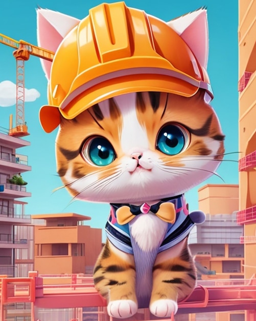 L'adorabile gatto kawaii in stile cartone animato sta lavorando a un progetto di costruzione