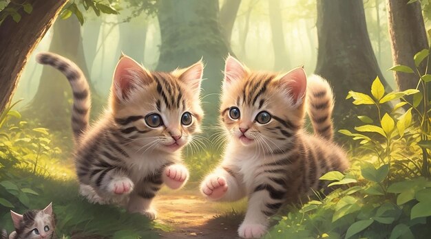 L'adorabile illustrazione dei gattini che giocano nella foresta