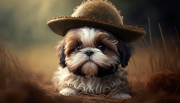 L'adorabile ritratto Un cucciolo di Shih Tzu con un cappello IA generativa