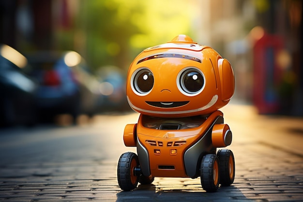 L'adorabile robot di consegna arancione attraversa le strade