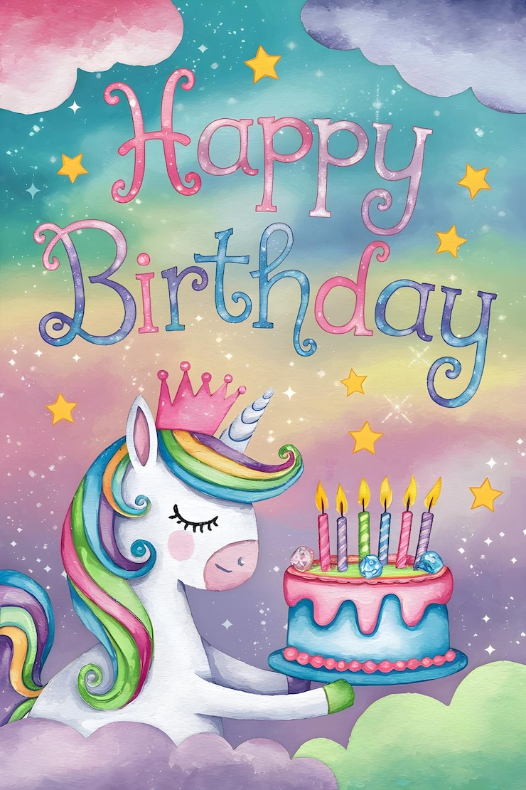 Foto l'adorabile unicorno arcobaleno con corona tiene una torta di compleanno con candele accese contro un arcobaleno pastello generato dall'ai