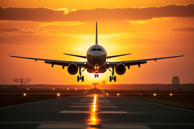 L'aereo che vola al tramonto prende il volo o si atterra sulla pista nell'ora d'oro Vacation Jet Eng