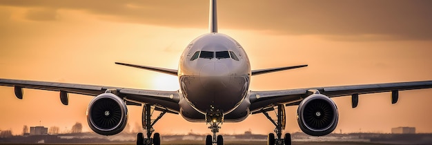 L'aereo di linea vola alto nel cielo I colori caldi del cielo completano il design elegante dell'aereo creando uno spettacolo mozzafiato che ispira un senso di meraviglia e soggezione IA generativa