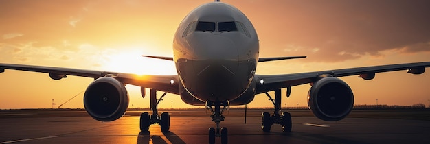 L'aereo di linea vola alto nel cielo I colori caldi del cielo completano il design elegante dell'aereo creando uno spettacolo mozzafiato che ispira un senso di meraviglia e soggezione IA generativa