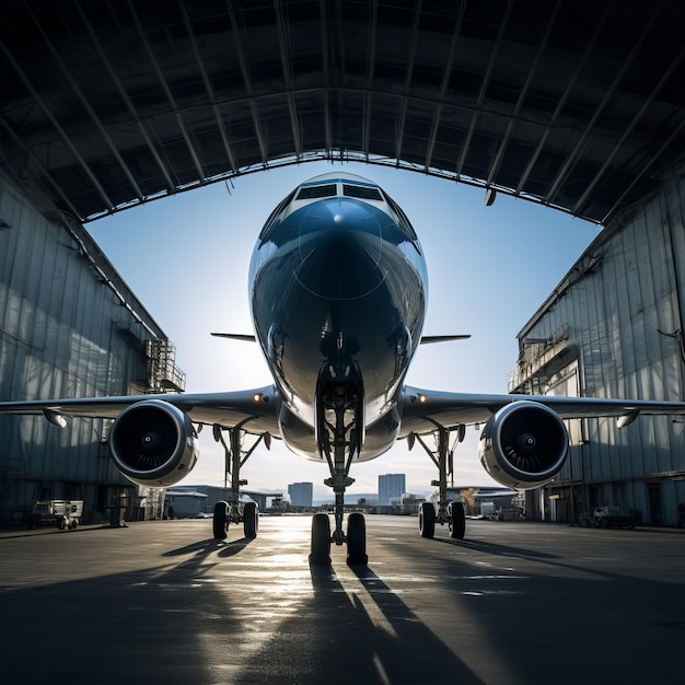 L'aereo è parcheggiato nell'hangar.