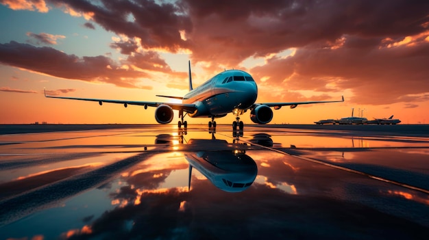 L'aereo Flight to the Horizon decolla sulla pista al tramonto lanciando un bagliore riflettente