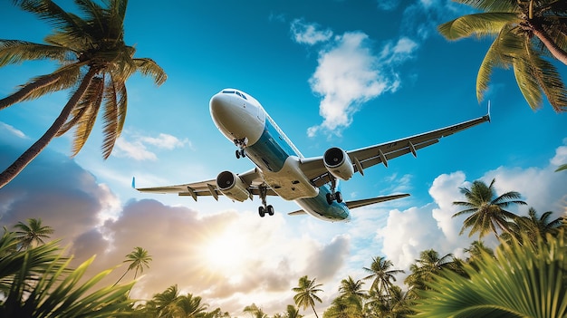 l'aereo passeggeri decolla da un esotico aeroporto tropicale tra le palme, riposa nel calore del turismo