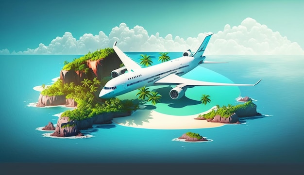 L'aereo sta sorvolando le isole e la costa tropicale IA generativa