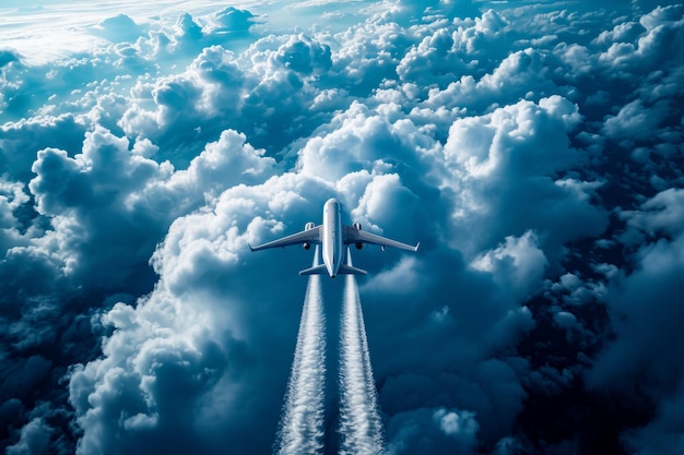 L'aereo vola attraverso un cielo nuvoloso e lascia dietro di sé una trail
