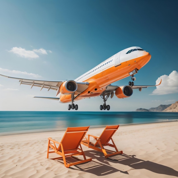 l'aeroplano vola sul cielo della spiaggia estiva per un poster di viaggio estivo