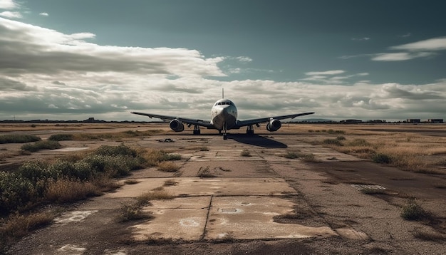 L'aeroplano volante si muove attraverso il cielo lasciando il paesaggio generato dall'intelligenza artificiale