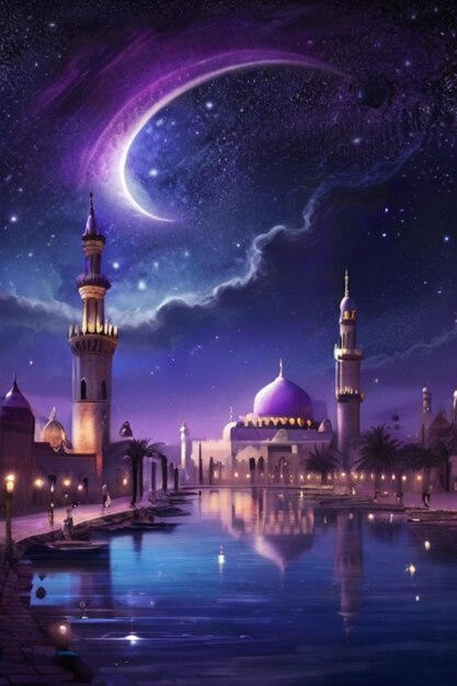 L'affascinante cielo notturno della mezzaluna del Ramadan si riflette nell'acqua in mezzo al paesaggio urbano