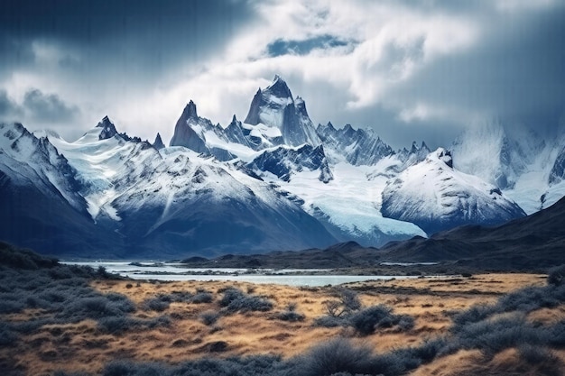 L'affascinante Patagonia Uno scorcio di montagne innevate tra nuvole enigmatiche