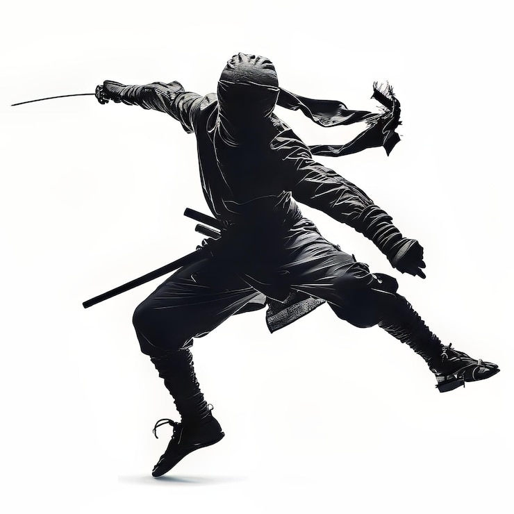 Foto l'agile guerriero ninja salta con la spada scoperta