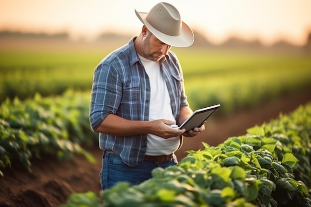 L'agricoltore agronomo con analisi all'avanguardia ispeziona la pianta utilizzando un tablet digitale direttamente sul campo