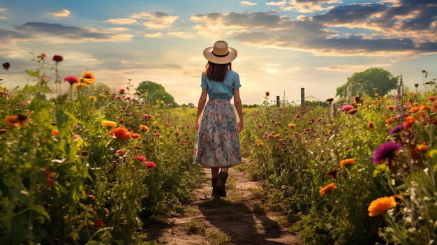 L'agricoltore americano della ragazza cammina sul campo di fiori